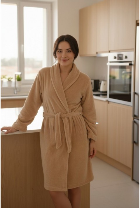 Lumor Şal Yaka Wellsoft Peluş Yumuşak Sabahlık | Bej