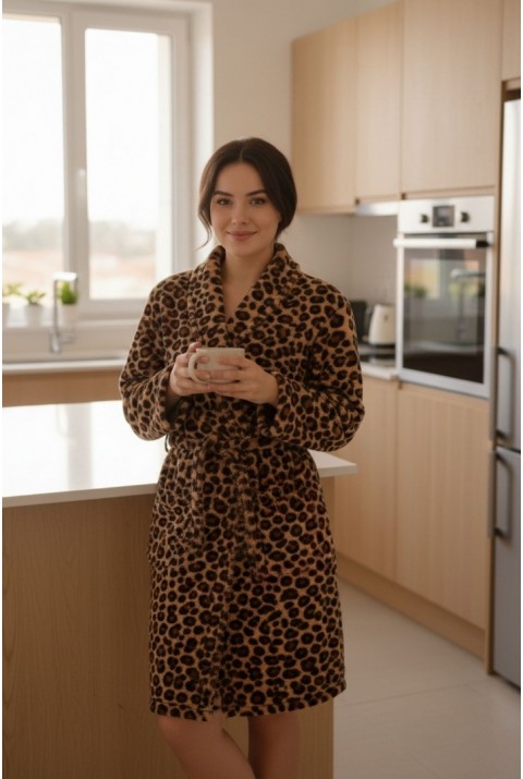 Lumor Şal Yaka Wellsoft Peluş Yumuşak Sabahlık  | Leopar