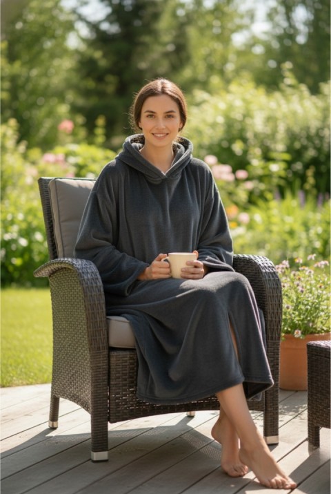 Serona Wellsoft Peluş Kapüşonlu Uzun Panço Yumuşak Dokulu Giyilebilir Tv Battaniyesi | Antrasit