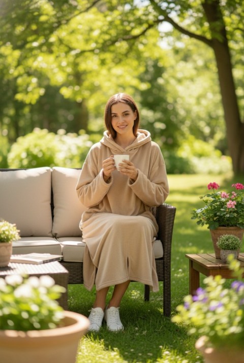 Serona Wellsoft Peluş Kapüşonlu Uzun Panço Yumuşak Dokulu Giyilebilir Tv Battaniyesi | Bej