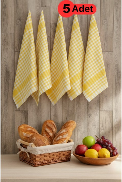 Pötikareli 5'li Sarı Alman Servis Peçetesi Mutfak Havlusu Beslenme Örtüsü Kurulama Bezi 47x67cm  47 x 67  Sarı