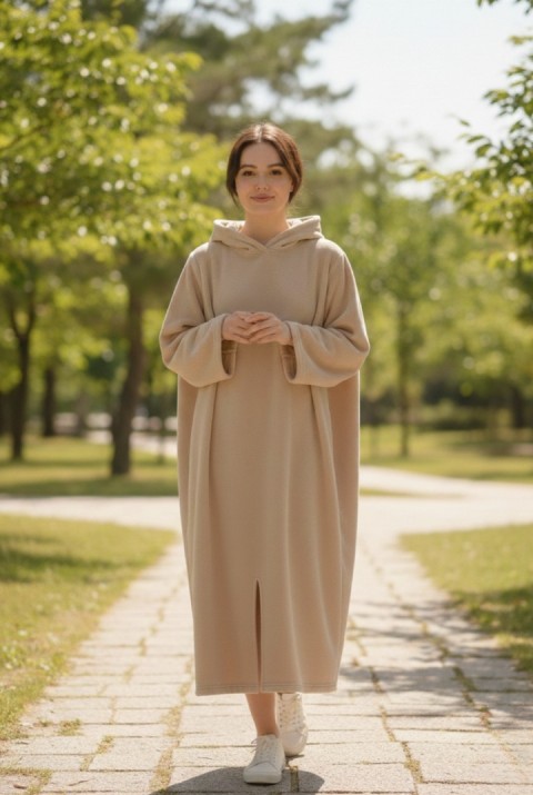 Serona Wellsoft Peluş Kapüşonlu Uzun Panço Yumuşak Dokulu Giyilebilir Tv Battaniyesi | Bej