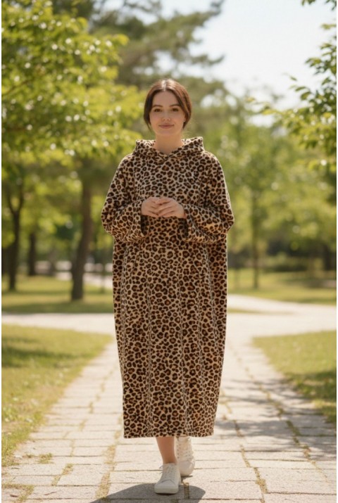 Serona Wellsoft Peluş Kapüşonlu Uzun Panço Yumuşak Dokulu Giyilebilir Tv Battaniyesi | Leopar