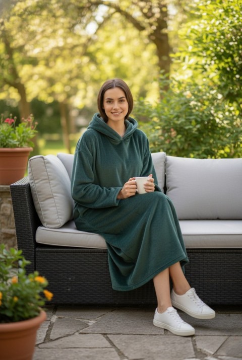Serona Wellsoft Peluş Kapüşonlu Uzun Panço Yumuşak Dokulu Giyilebilir Tv Battaniyesi | Zümrüt Yeşili