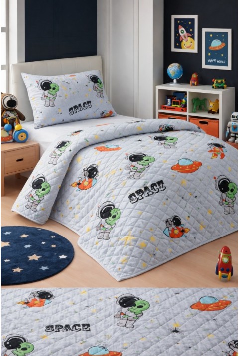 Astronot Çocuk Genç Pike Yatak Örtüsü Takımı Uzay Desen Kapitone Pamuklu 4 Mevsim | Çarşafsız 160x230