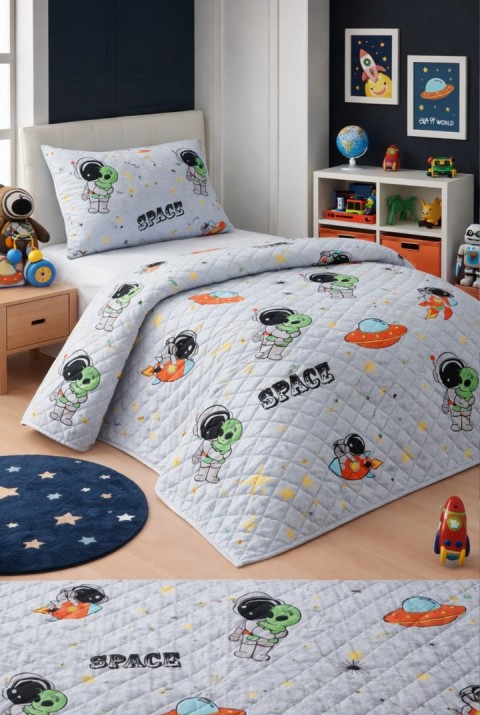 Astronot Çocuk Genç Pike Yatak Örtüsü Takımı Uzay Desen Kapitone Pamuklu 4 Mevsim | Çarşafsız 160x230