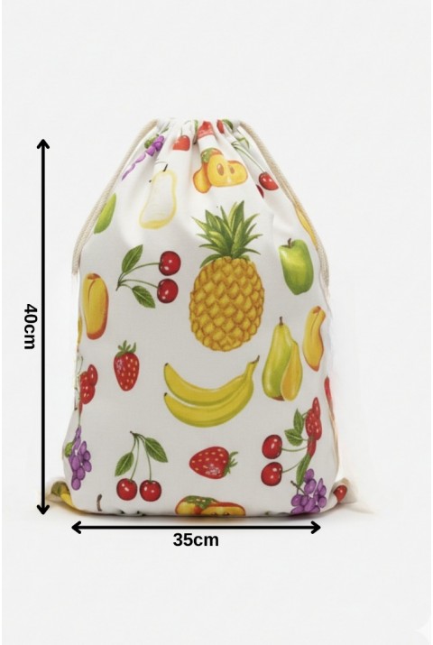 Organik Pamuk Meyve Desenli Çok Amaçlı Bez Çanta | Ekmek - Market - Oyuncak -Poşetlik Torbası  35x40