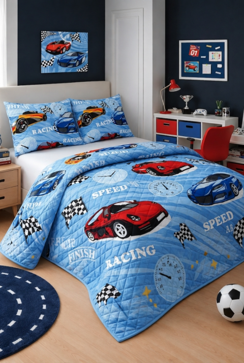 Çift Kişilik Kapitone Dolgulu Araba Desen Pike 4 Mevsim |2 Adet Yastık Kılıfı Dahil| 200x230cm