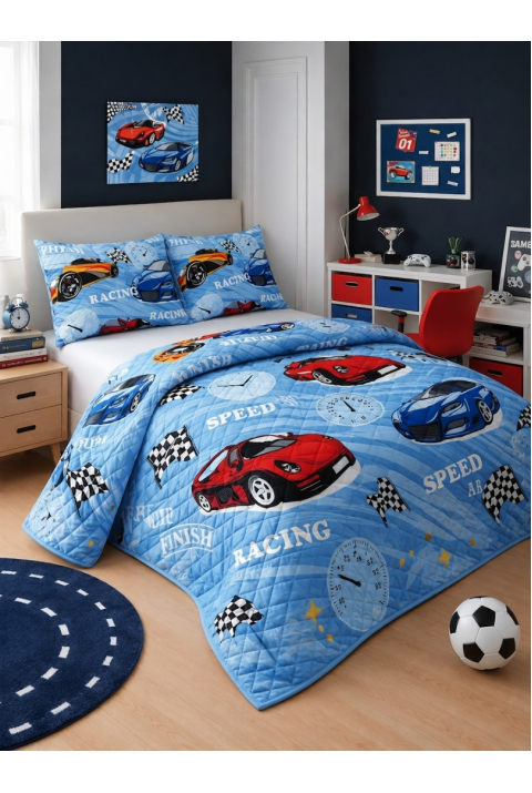 Çift Kişilik Kapitone Dolgulu Araba Desen Pike 4 Mevsim |2 Adet Yastık Kılıfı Dahil| 200x230cm