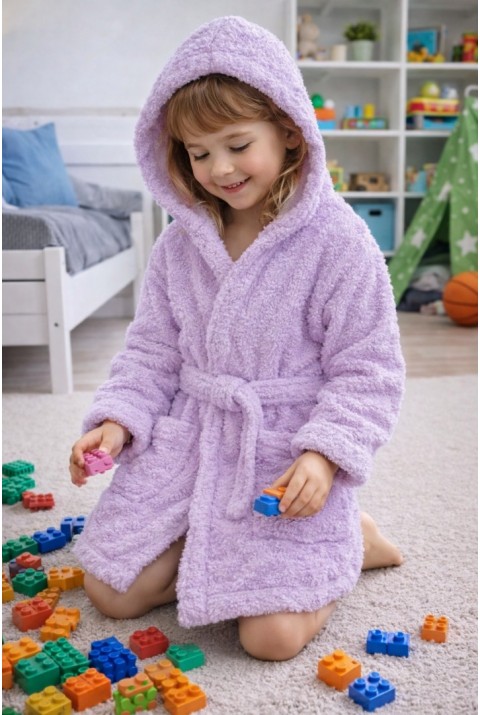 Luna Soft Kız / Erkek Çocuk Kapşonlu Wellsoft Bornoz Peluş Sabahlık | Lila