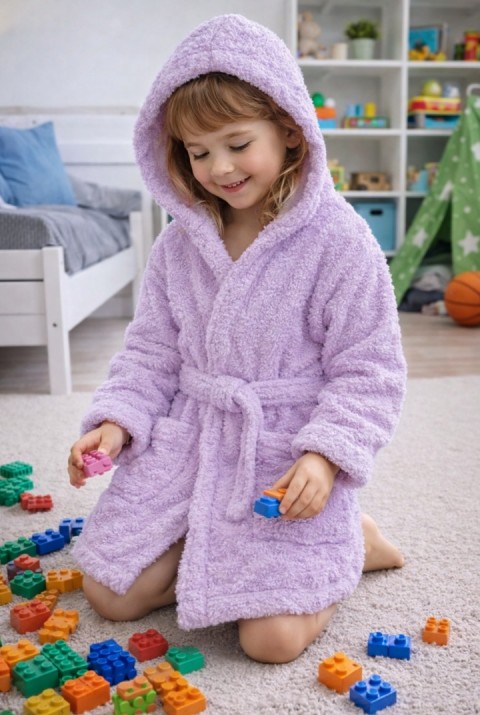 Luna Soft Kız / Erkek Çocuk Kapşonlu Wellsoft Bornoz Peluş Sabahlık | Lila