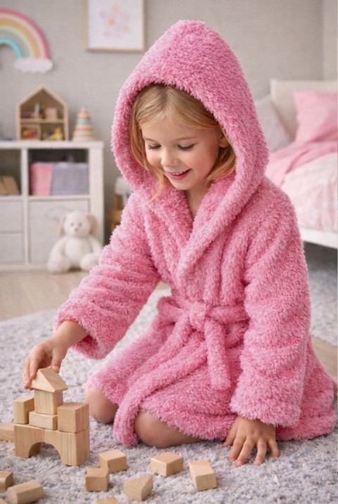 Luna Soft Kız / Erkek Çocuk Kapşonlu Wellsoft Bornoz Peluş Sabahlık | Pembe