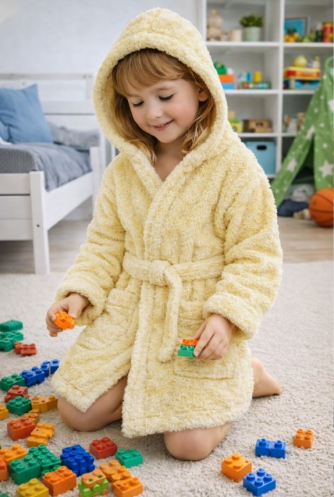 Luna Soft Kız / Erkek Çocuk Kapşonlu Wellsoft Bornoz Peluş Sabahlık | Sarı