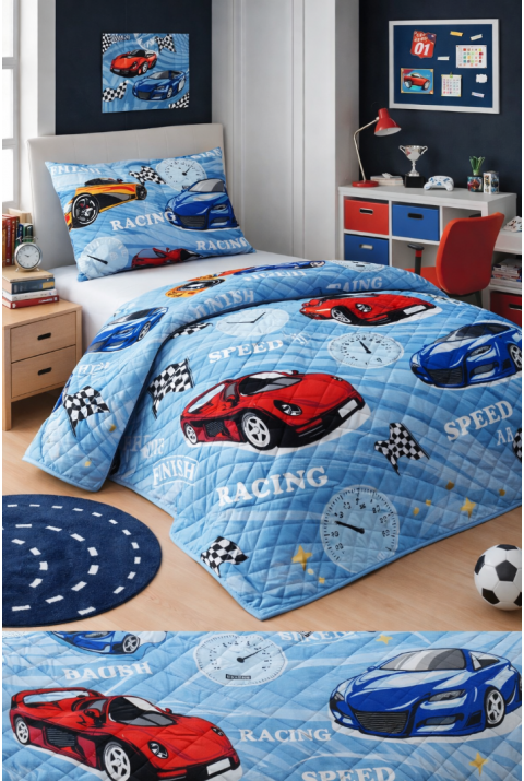 Erkek Çocuk Genç Pike Yatak Örtüsü Takımı Araba Desen Kapitone Pamuklu 4 Mevsim | Çarşafsız 160x230