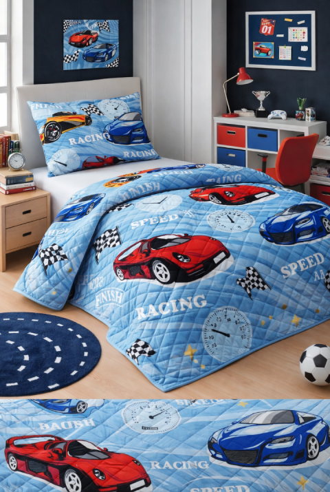 Erkek Çocuk Genç Pike Yatak Örtüsü Takımı Araba Desen Kapitone Pamuklu 4 Mevsim | Çarşafsız 160x230