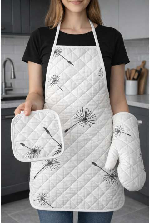 Kapitone Dolgulu Mutfak Önlüğü Çeyiz Seti | Önlük Fırın Eldiveni 2 Adet Tutacak Takım | İbiza