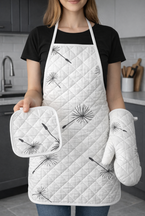 Kapitone Dolgulu Mutfak Önlüğü Çeyiz Seti | Önlük Fırın Eldiveni 2 Adet Tutacak Takım | İbiza