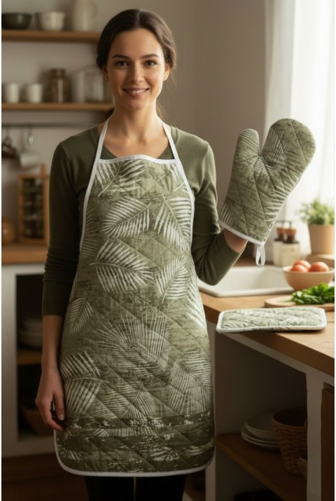 Kapitone Dolgulu Mutfak Önlüğü Çeyiz Seti | Önlük Fırın Eldiveni 2 Adet Tutacak Takım | Mauritius
