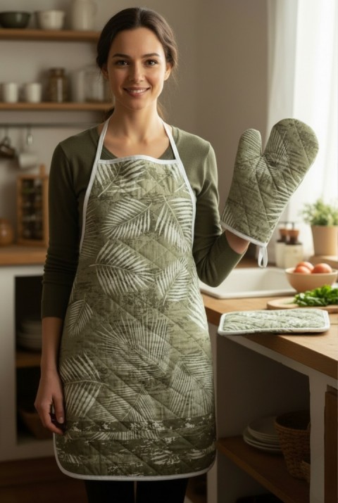 Kapitone Dolgulu Mutfak Önlüğü Çeyiz Seti | Önlük Fırın Eldiveni 2 Adet Tutacak Takım | Mauritius