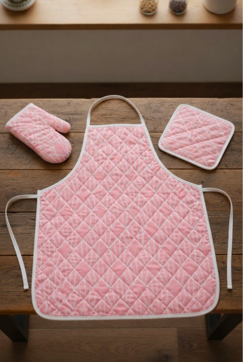 Kapitone Dolgulu Mutfak Önlüğü Çeyiz Seti | Önlük Fırın Eldiveni 2 Adet Tutacak Takım | Capri