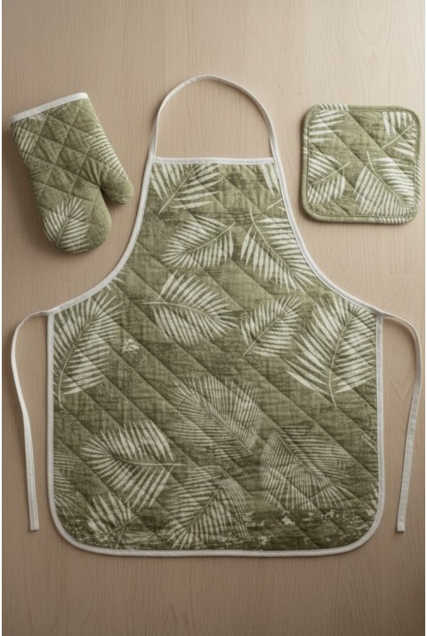 Kapitone Dolgulu Mutfak Önlüğü Çeyiz Seti | Önlük Fırın Eldiveni 2 Adet Tutacak Takım | Mauritius