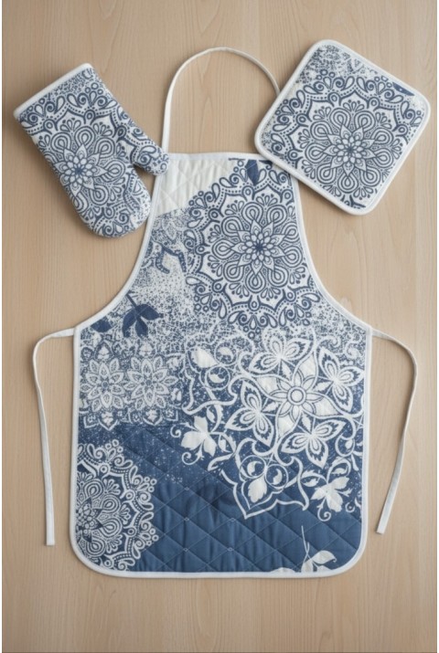 Kapitone Dolgulu Mutfak Önlüğü Çeyiz Seti | Önlük Fırın Eldiveni 2 Adet Tutacak Takım | Sardinia