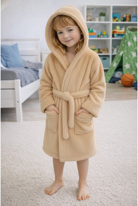 Luna Soft Kız / Erkek Çocuk Kapşonlu Pamuklu Bornoz Peluş Sabahlık | Bej