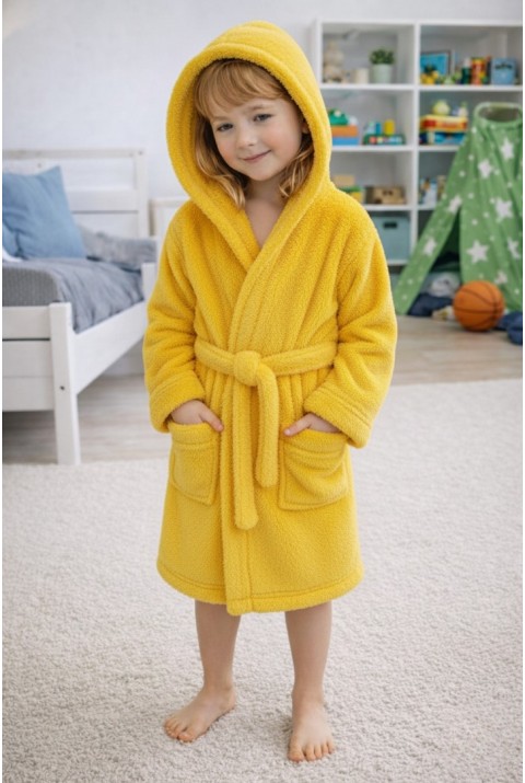 Luna Soft Kız / Erkek Çocuk Kapşonlu Pamuklu Bornoz Peluş Sabahlık | 5/6 Yaş Civciv Sarısı