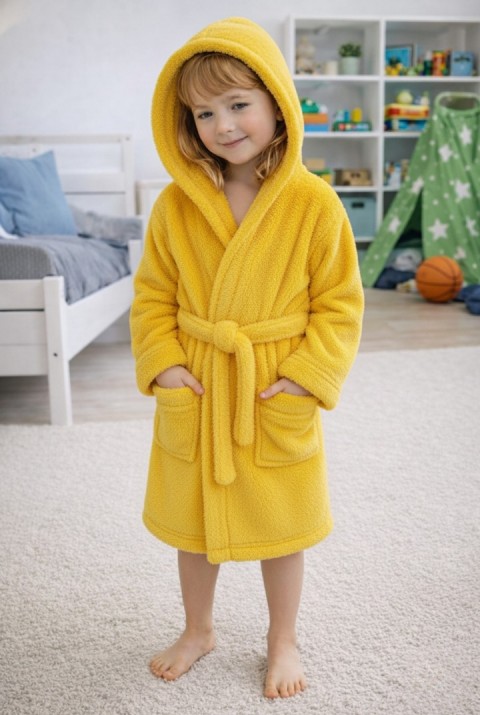 Luna Soft Kız / Erkek Çocuk Kapşonlu Pamuklu Bornoz Peluş Sabahlık | 5/6 Yaş Civciv Sarısı