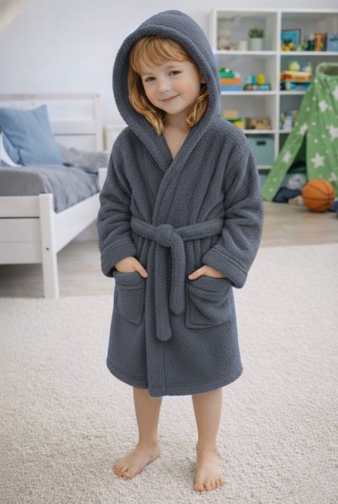 Luna Soft Kız / Erkek Çocuk Kapşonlu Pamuklu Bornoz Peluş Sabahlık | Koyu Gri
