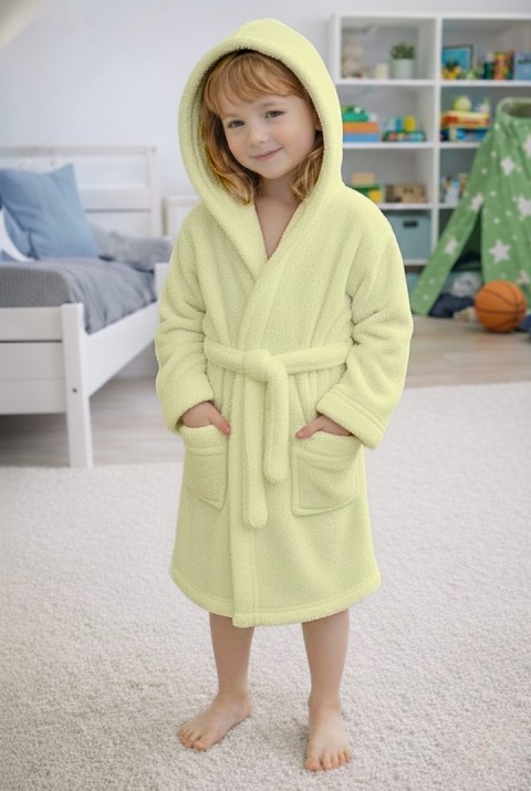 Luna Soft Kız / Erkek Çocuk Kapşonlu Pamuklu Bornoz Peluş Sabahlık | Su Yeşili