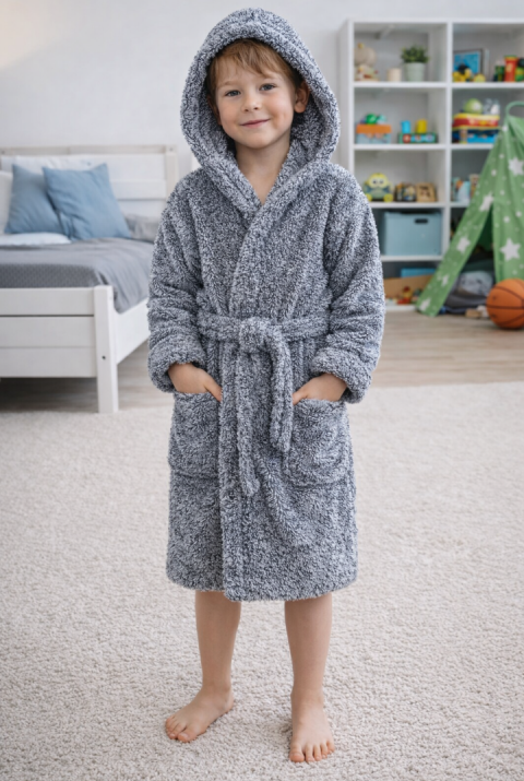 Luna Soft Kız / Erkek Çocuk Kapşonlu Wellsoft Bornoz Peluş Sabahlık | Antrasit