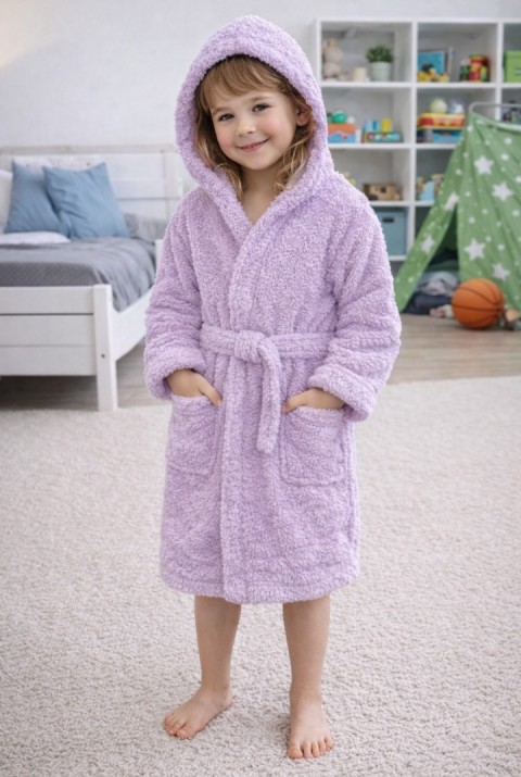 Luna Soft Kız / Erkek Çocuk Kapşonlu Wellsoft Bornoz Peluş Sabahlık | Lila