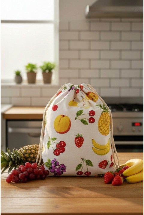 Organik Pamuk Meyve Desenli Çok Amaçlı Bez Çanta | Ekmek - Market - Oyuncak -Poşetlik Torbası  35x40