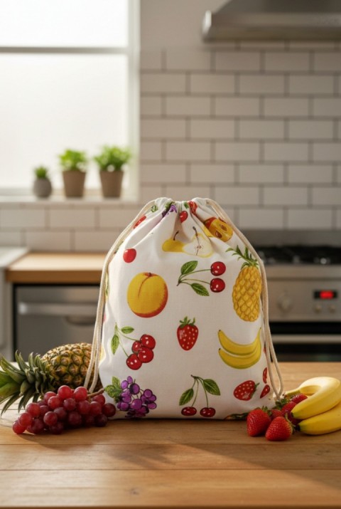 Organik Pamuk Meyve Desenli Çok Amaçlı Bez Çanta | Ekmek - Market - Oyuncak -Poşetlik Torbası  35x40
