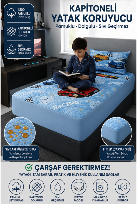 Pamuklu Kapitoneli Araba Desenli Sıvı Su Geçirmez Fitted Yatak Koruyucu Alez Çarşaf Gerektirmez Tek Kişilik | Yastık Kılıfı Dahil