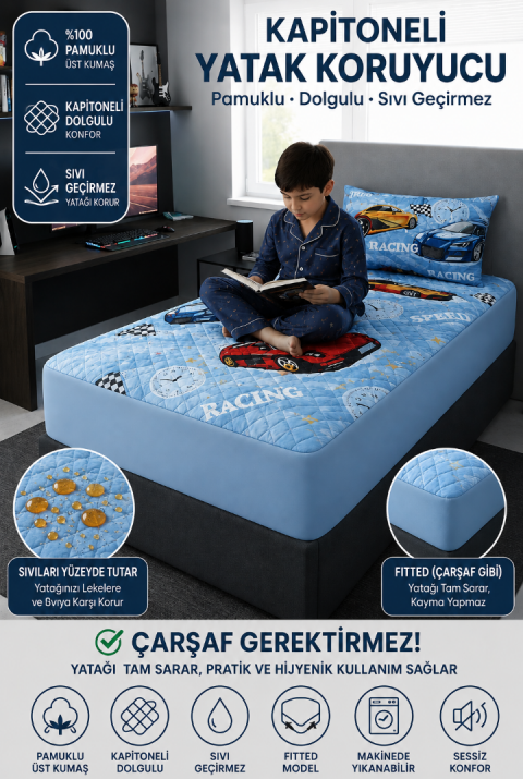 Pamuklu Kapitoneli Araba Desenli Sıvı Su Geçirmez Fitted Yatak Koruyucu Alez Çarşaf Gerektirmez Tek Kişilik | Yastık Kılıfı Dahil