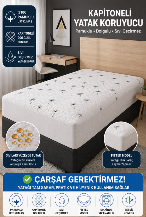 Pamuklu Kapitoneli İbiza Sıvı Su Geçirmez Fitted Yatak Koruyucu Alez Çarşaf Gerektirmez Tek Çift Kişilik