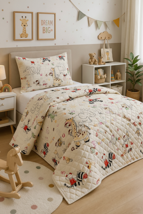 Safari Çocuk Genç Pike Yatak Örtüsü Takımı Hayvan Desen Kapitone Pamuklu 4 Mevsim | Çarşafsız 160x230