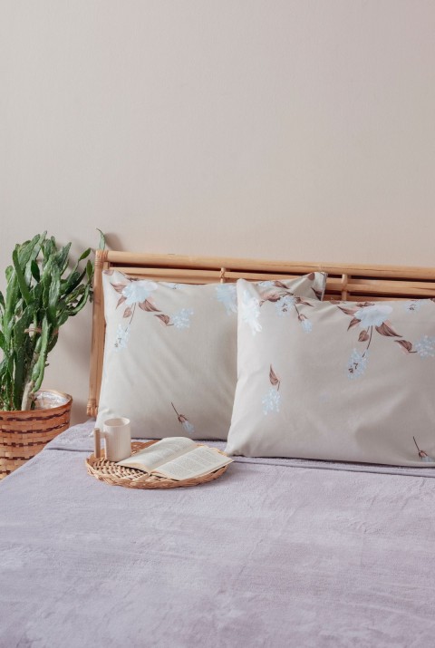 2'li Bej Çiçek Desen Yastık Kılıfı Pamuk Polyester Kolay Ütülenir 50x70  50 x 70  BEJ
