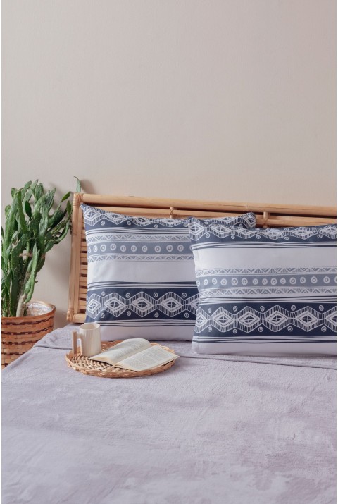 2'li Beyaz Gri Lacivert Desenli Yastık Kılıfı Pamuk Polyester Kolay Ütülenir 50x70  50 x 70  BEYAZ GRİ