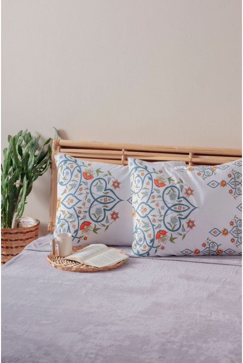 2'li Beyaz Mavi Çiçek Desen Yastık Kılıfı Pamuk Polyester Kolay Ütülenir 50x70  50 x 70  BEYAZ MAVİ