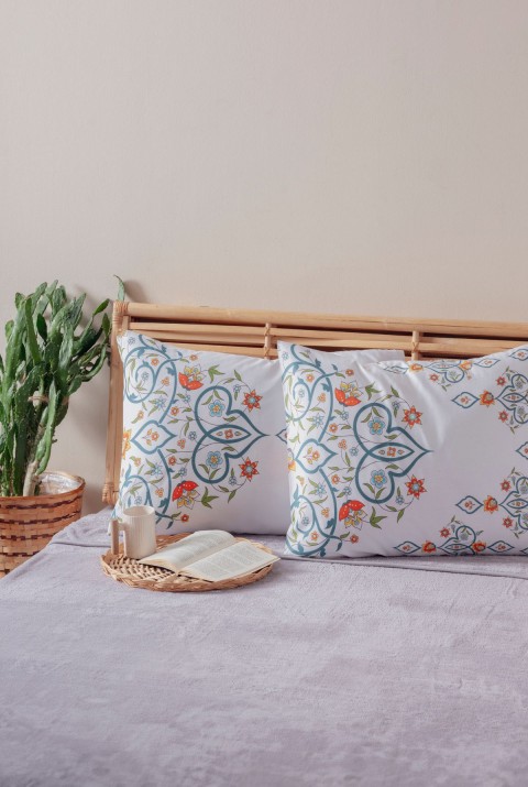 2'li Beyaz Mavi Çiçek Desen Yastık Kılıfı Pamuk Polyester Kolay Ütülenir 50x70  50 x 70  BEYAZ MAVİ