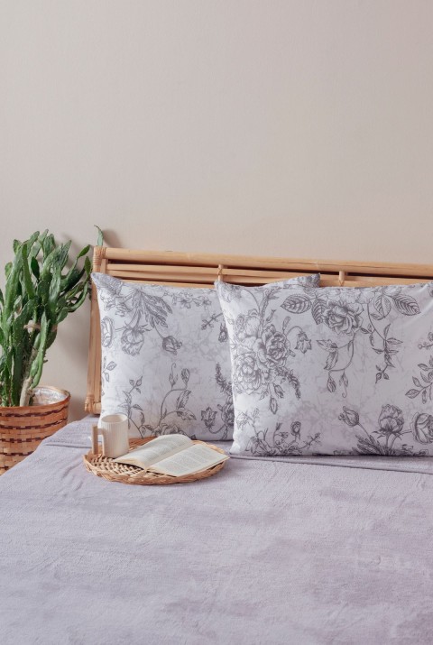 2'li Beyaz Siyah Çiçek Desen Yastık Kılıfı Pamuk Polyester Kolay Ütülenir 50x70  50 x 70  BEYAZ SİYAH
