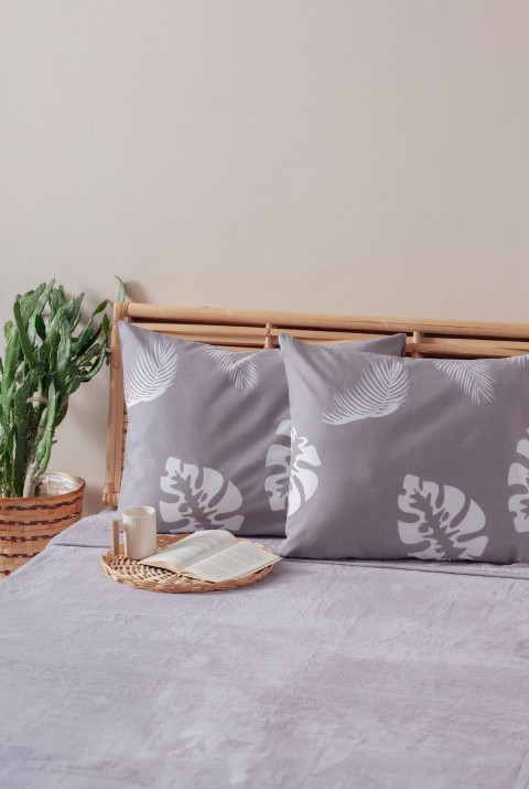 2'li Gri Yaprak Desen Yastık Kılıfı Pamuk Polyester Kolay Ütülenir 50x70  50 x 70  GRİ