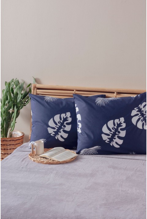 2'li Lacivert Beyaz Yaprak Desen Yastık Kılıfı Pamuk Polyester Kolay Ütülenir 50x70  50 x 70  LACİVERT BEYAZ2