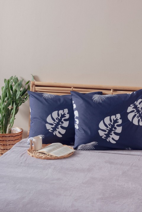 2'li Lacivert Beyaz Yaprak Desen Yastık Kılıfı Pamuk Polyester Kolay Ütülenir 50x70  50 x 70  LACİVERT BEYAZ2