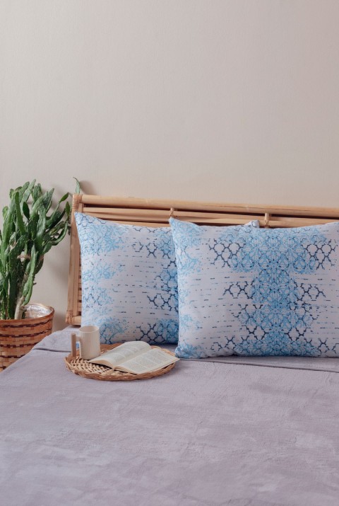 2'li Mavi Beyaz Desenli Yastık Kılıfı Pamuk Polyester Kolay Ütülenir 50x70  50 x 70  MAVİ BEYAZ