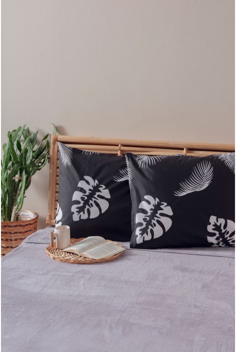 2'li Siyah Beyaz Yaprak Desen Yastık Kılıfı Pamuk Polyester Kolay Ütülenir 50x70  50 x 70  SİYAH BEYAZ3
