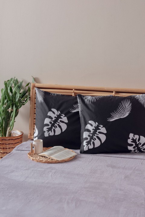 2'li Siyah Beyaz Yaprak Desen Yastık Kılıfı Pamuk Polyester Kolay Ütülenir 50x70  50 x 70  SİYAH BEYAZ3